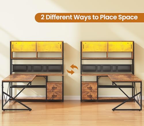 SEDETA L Shaped Office Desk with Storage Shelves, 2 Drawer, LED Light - Image 4