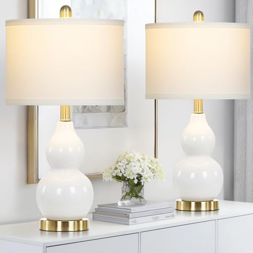 22" Modern Double Gourd Ceramic Table Lamps Set of 2, White Bedside Lamps for Living Room, Contemporary Nightstand Desk Lamps for Bedroom End Table Home Office Decor(2 LED Bulbs Included) by Luxeflow
