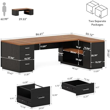 LITTLE TREE 87-Inch Modern Executive Desk with File Cabinet, Large Home Office Desk with Drawers, 3-Drawer Wooden File Cabinet, Spacious Workstation for Home Office (Brown & Black) - Image 2