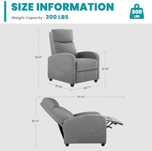 Sweetcrispy Recliner Chair Fabric Recliner Sofa No Massage, Home Theater Seating with Lumbar Support, Adjustable Push Back Overstuffed High-Density Sponge Reclining for Living Room, Grey - Image 3