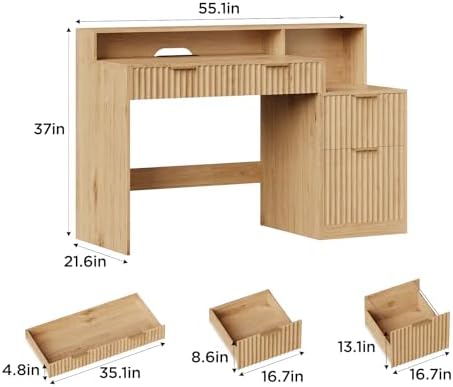 Vabches Fluted Computer Desk with Power Outlets, Home Office Desk with Drawers, Printer Stand, Wood Computer Desk with Long Monitor Stand, Oak - Image 2