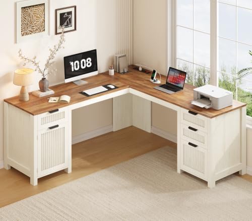 59" Farmhouse L Shaped Desk with Drawers & Storage Cabinet for Home Office by YomiluveDesign