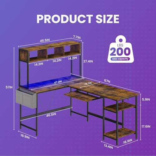 DUMOS 67" L Shaped Gaming Desk, Reversible Computer Desks with LED Lighting - Image 3