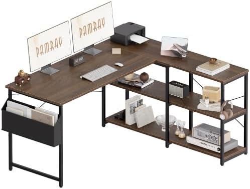 Pamray 57.5 Inch L Shaped Computer Desk with Reversible Side Storage Shelves, Small Corner Desk for Small Space Home Office,Writing Study Table PC Desk for Bedroom,Brown by PAMRAY