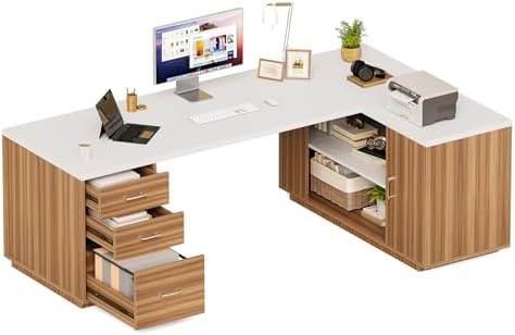 LITTLE TREE 87-Inch Modern Executive Desk with File Cabinet, Large Home Office Desk with Drawers, 3-Drawer Wooden File Cabinet, Spacious Workstation for Home Office (White & Brown) - Image 3