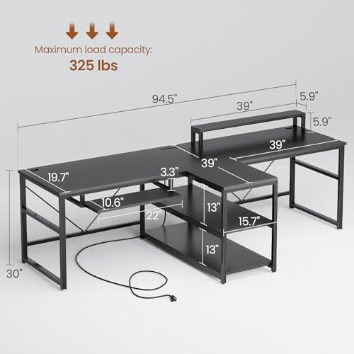SEDETA 94.5" 2 Person Gaming Desk with Storage Shelves,Carbon Fiber Black - Image 2