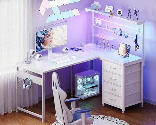 MOTPK 43" L Shaped Gaming Desk with Shelf & 4 Drawers, White - Image 2