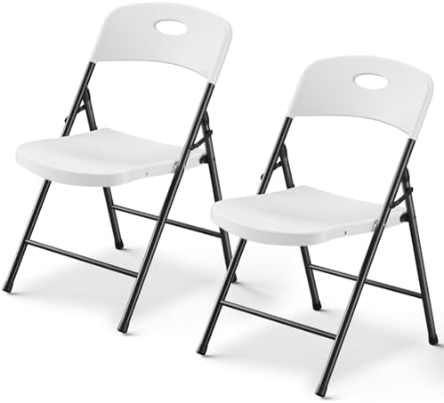 Folding Chairs 2 Pack, Outdoor Folding Chairs for Outside Indoor, Portable 350 lbs Capacity Heavy Duty Plastic Metal Foldable Chairs Commercial Seating for Picnic, Party, Patio, White by FoldingFurniture