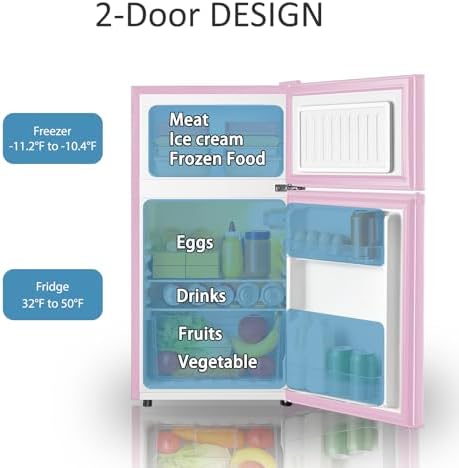 Saeoola Mini Fridge with Freezer, 3.2 Cu.Ft, 2 Doors Compact Mini Refrigerator with Separate Freezer for Dorm, Bedroom, Office, Apartment with 7-Level Temperature Control, Removable Shelves (Pink) - Image 3