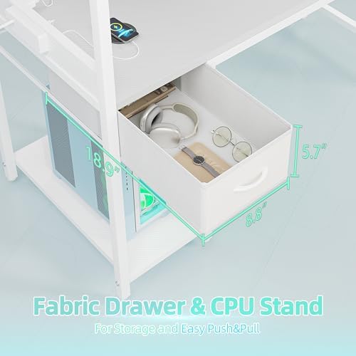 TIQLAB Gaming Desk 55 inch with Power Outlet and LED Light, Computer Desk with Reversible Shelves and Storage Drawer, Small PC Desk for Home Office Table with Bag, Carbon Fiber White - Image 7