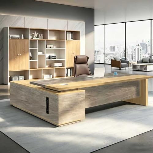L Shaped Executive Desk with Drawers, Large Office Desk with Storage Cabinet, Wood L Shape Desk for Home Office or Business Workspace, Left or Right Cabinet Option, Multiple Sizes & Colors by Unknown