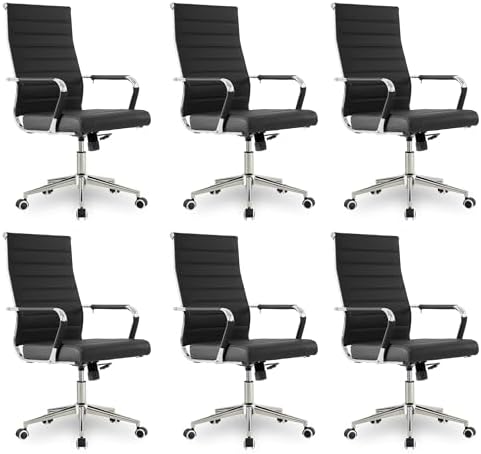 Okeysen Office Desk Chair, Ergonomic Leather Modern Conference Room Chairs, Executive Ribbed Height Adjustable Swivel Rolling Chair for Home Office Set of 6. (Black) by Lepdep