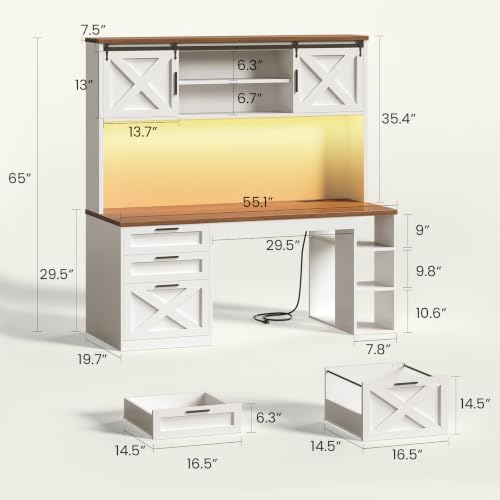 SEDETA 55.1" Farmhouse Desk with Hutch & 3 Storage Drawers - Image 2