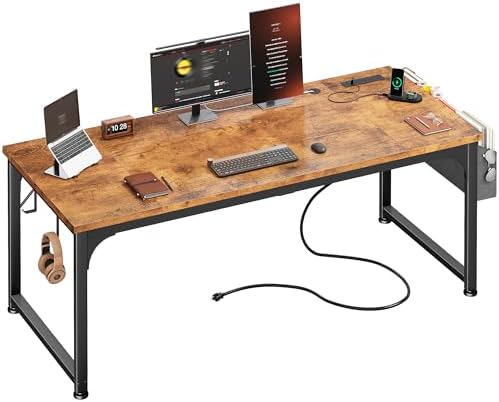 DurayLoly 63 x 24 inch Large Computer Desk, 24mm Thick Desktop with Power Outlets, RGB LED, Office Desk with Detachable Stand, 150LBS Heavy Duty, Spacious Desk for Multi-Tasking Workers, Brown by Durayloly