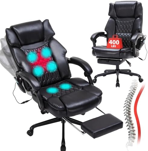 Massage Office Chair with Foot Rest 6 Points Vibration and Heat Home Office Desk Chairs for Heavy People 400lbs Reclining Managerial Chairs Ergonomic Executive Chair (Black) by BUYNOW