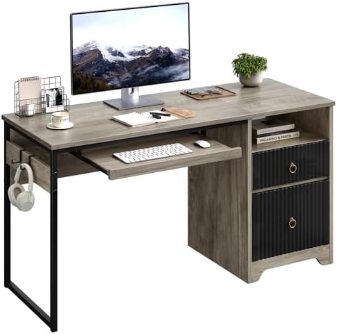Bestier 55Inch Modern Fluted Desk with Drawers & Keyboard Tray, Grey by Bestier