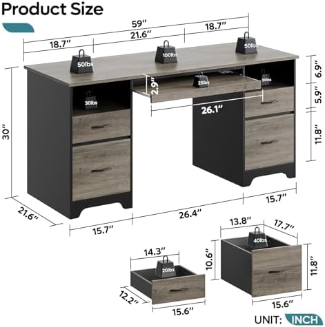 Bestier 59” Computer Desk with 4 Drawers, Office Desk with Storage, Industrial Executive Desk with File Drawer, Keyboard Tray & 2 Pedestals on Both Sides for Home Office & Studio, Grey - Image 3