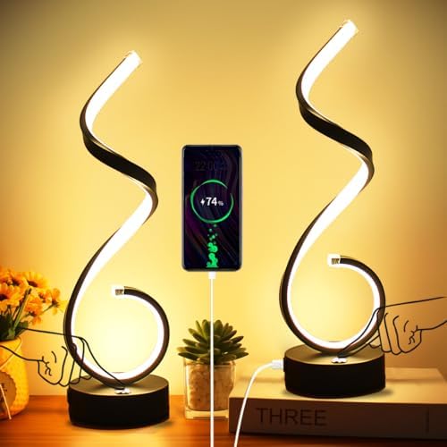 Modern Spiral LED Table Lamp Set of 2, 10W Touch Control Table Lamp with USB Charging Ports, Dimmable 3 Color Modes Bedside Nightstand Desk Lamp Light for Bedroom, Living Room, Office -Black by BESKETIE