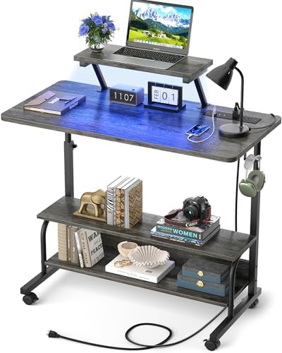 Height Adjustable Standing Desk with Power Outlets and LED Lights - 32" Manual Stand Up Desk with Monitor Stand and Storage Shelves Small Mobile Rolling Computer Desk Portable Laptop Table, Grey Oak by Besiost
