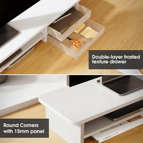 Fenge Monitor Stand, Desk Computer Riser with Frosted Storage Drawer, White - Image 4