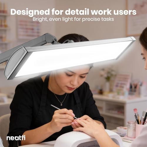 Neatfi Ultra 3,500 Lumens LED Desk Lamp with Clamp – 45W, 270 SMD LEDs, Shadow-Free | Adjustable Brightness | Task Light for Nail, Craft & Office (Silver, 26-Inch Wide Shade) - Image 2