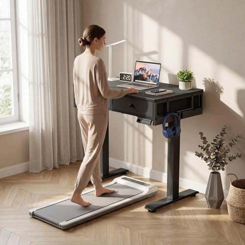 KLUVIS Black Sit Stand Desk with Drawers, 32 Inch Electric Standing Desk with Storage, Small Space Stand Up Computer Desks for Home Office Bedroom, Study Writing Desks for Walking Pad - Image 2