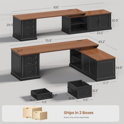 SEDETA Farmhouse L Shaped Desk with Drawers, 70.9" Home Office Desk with Storage Cabinet and Storage Shelves, L Shaped Computer Desk with Power Outlet，Black+Brown - Image 2