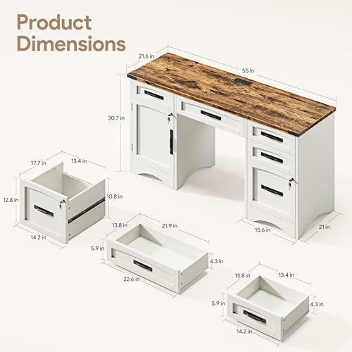 Decofy Farmhouse Executive Desk with Drawers, 55" Home Office Desks with Fast Charging Station, Lockable File Cabinet, Wood Writing Computer Desk for Work, Study, White - Image 2