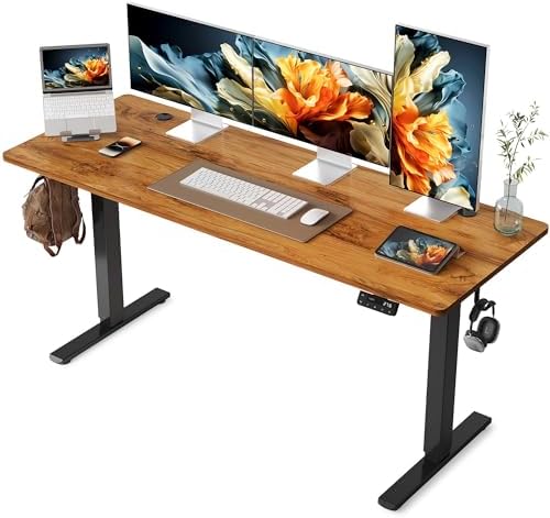 YIHAYO Electric Standing Desk, 63 x 24 Inches Stand Up Desk with Splice Board, Adjustable Height Desk, Computer Desk for Home Office, Black Frame/Rustic Brown Top by YIHAYO