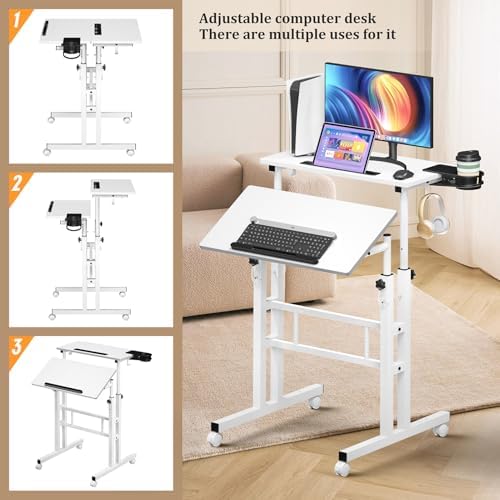 Enayplon Small Standing Desk with Wheels, Mobile Stand Up Desk, Portable Standing Table on Wheels for Walking Pad, Rolling Computer Desk Adjustable Height, Tall Table - Image 5