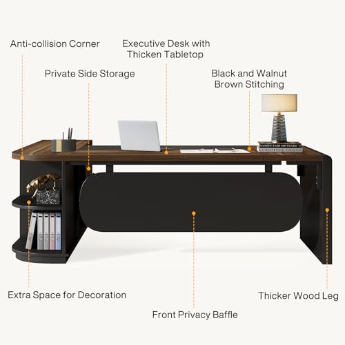 Tribesigns 80'' L-Shaped Desk, Large Executive Office Desk with 55'' Drawers Cabinet, Modern Commercial Office Table with Storage Shelves, Business Furniture for Home Office, Brown & Black - Image 6