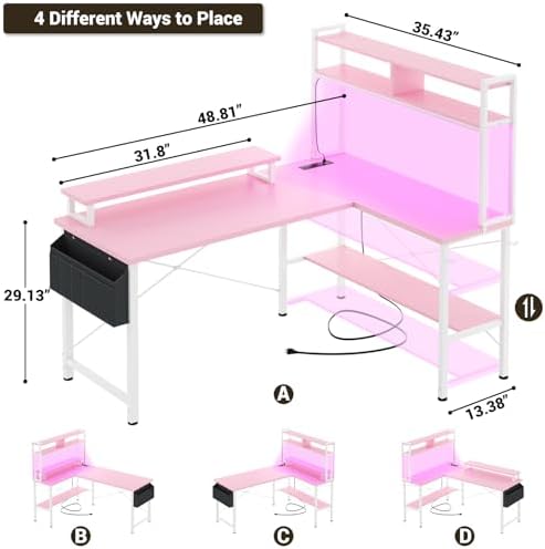 Aheaplus L Shaped Gaming Desk with Power Outlets & LED Lights, Pink - Image 3