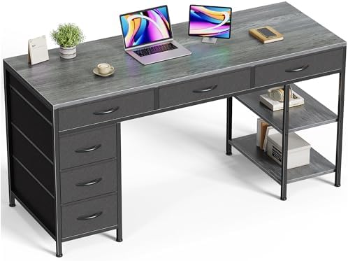 Huuger Computer Desk with 6 Drawers, Office Desk with Shelves, Reversible Gaming Desk, Corner Desk with Storage, Work for Home Office, Study, Living Room, 54inch, Grey by Huuger