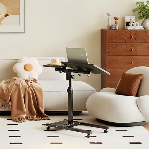 Furist Overbed Table with Wheels Adjustable Height, Mobile Standing Stand Up Rolling Laptop PC Desks with Tilting Top Height Tray Side Computer Workstation for Bedroom on Hospital Home Use, Black - Image 2