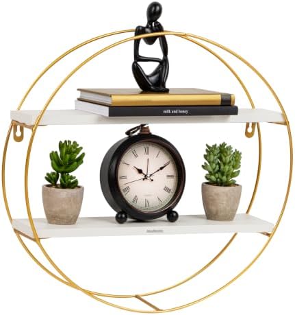 Mind Reader Round Wall Shelf, Gold Metal Frame with Dual White MDF Shelves, Decorative Wall Display for Living Room, Bathroom, Office, Metal. MDF, White by MindReader