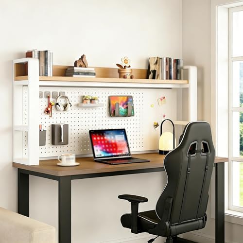 2/3/4 Tier Desk Hutch, Freestanding Desktop Bookshelf, Metal Desk Shelf with Pegboard, Desk Shelves for Top, for Dorm Office and Home(White+Light Walnut,45 * 9 * 25in) by ZUGIATP