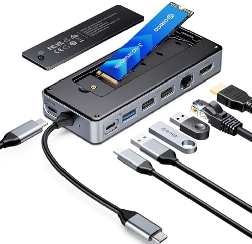 ORICO USB-C Hub with M.2 SSD Enclosure, 8-in-1 USB C Docking Station Fits M.2 NVMe/SATA SSD, 10Gbps, 4K@60Hz HDMI, 100W PD, Ethernet - OM28PR by ORICO