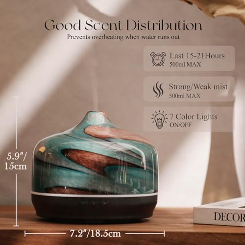 Porseme 500ml Glass Essential Oil Diffuser Aromatherapy Ultrasonic Cool Mist Humidifier 15-21 Running Hours Waterless Auto-Off Air Diffusers for Sleeping Yoga Working Spa(Teal Green) - Image 3