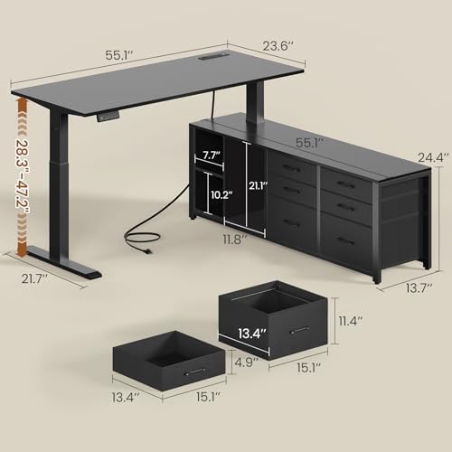 SEDETA L Shaped Electric Standing Desk with 6 Fabric Drawers, 55" x 55" Height Adjustable Office Executive Desk with Storage Shelves, Stand up Computer Desk with Power Outlet (Black) - Image 3