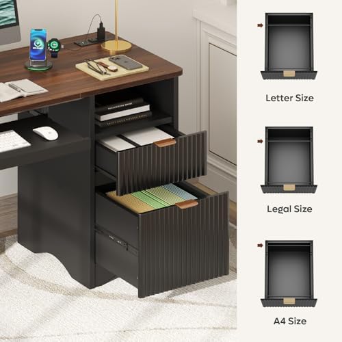 Bestier Computer Desk with Keyboard Tray, 55 inch Office Desk with Power Outlet, Modern Home Office Desk with File Drawer (Walnut with Black, 55" W with Single-Sided Drawers) - Image 4