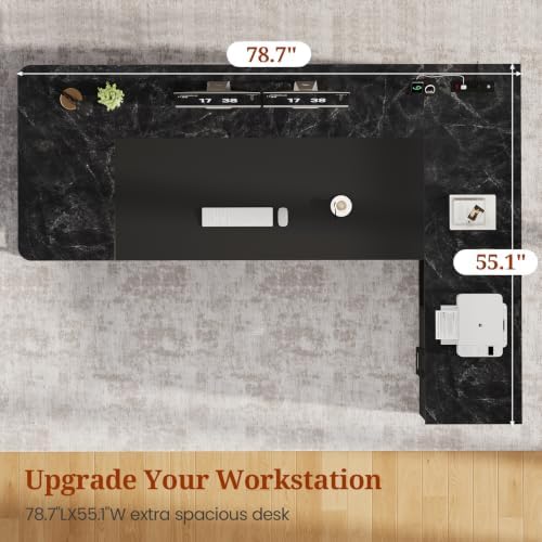 UPOSOJA 78.7" Executive Desk, Large Office Desk with Drawers & Storage Shelves, Modern L Shaped Computer Desk Corner Desk with Power Outlets, File Cabinet, Business Furniture Desk Workstation (Black) - Image 5