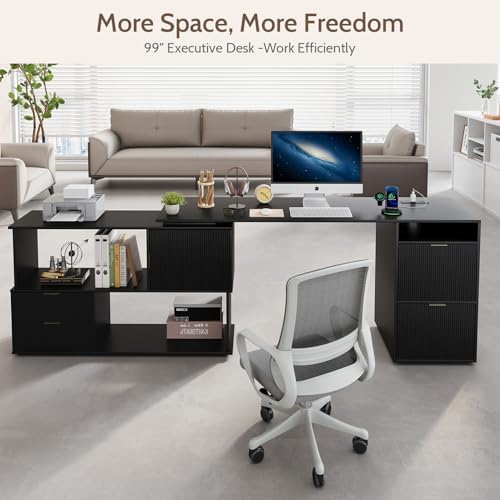 L-Shaped Desk with Drawers & Power Outlet, 180 Rotating Corner Computer Desk with Storage, 66 Inch Office Desk with 5-Drawer, Space-Saving Modern L-Shaped Workstation, Black - Image 4