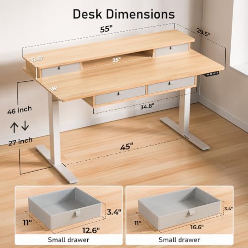 55 x 30 Inch Electric Standing Desk with 4 Drawers, Natural - Image 3