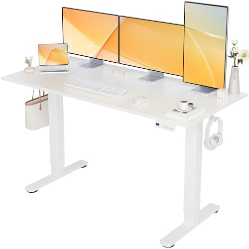Seang Electric Standing Desk Adjustable Height, 55 x 24 Inch Sit Stand Desk with T-Shaped Frame, 3 Memory Presets & Cable Management for Home Office Computer Workstation, White Frame/White Top by Seang