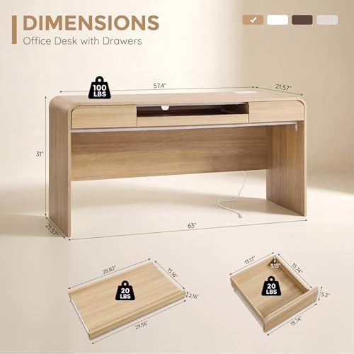 63" Modern Computer Desk with 2 Drawers, Wood Curved (Natural) - Image 2