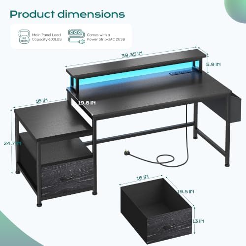 EnHomee 56.5" Office Desk with Drawers & Printer Space for Home Work,Black - Image 2