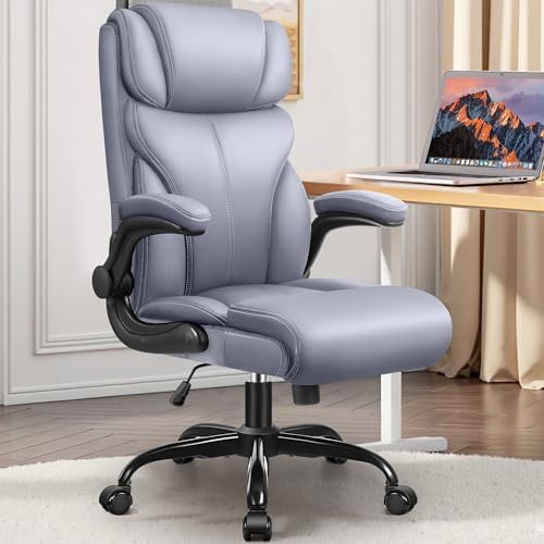 HeroSet Office Chair, Ergonomic Big and Tall Computer Desk Chairs, Executive Breathable Leather Chair with Adjustable Flip-up Armrests, Lumbar Support Swivel PC Chair with Rocking Function,Matte Gray by HeroSet