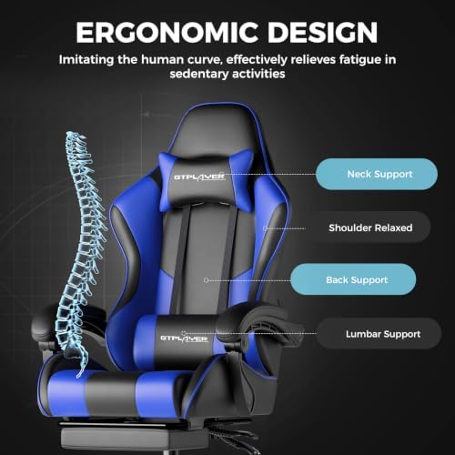 GTPLAYER Gaming Chair, Computer Chair with Footrest and Lumbar Support, Height Adjustable Game Chair with 360°-Swivel Seat and Headrest and for Office or Gaming (Faux Leather, Blue) - Image 6