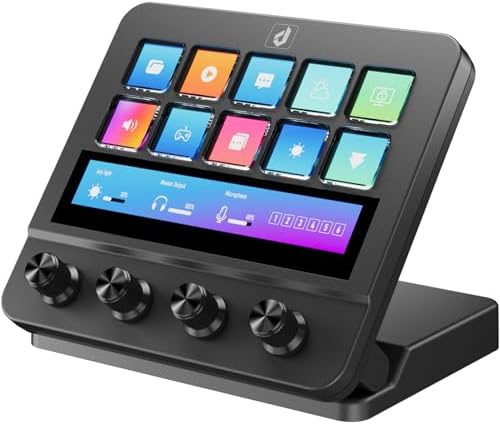 Stream Control Deck 10 Programmable Macro Keyboard 4 Knob Stream Controller 0-60° Adjustable LCD Macro Pad Wired Shortcut Keyboard for Streamers/Content Creators/Office Compatible with Windows /macOS by upHere