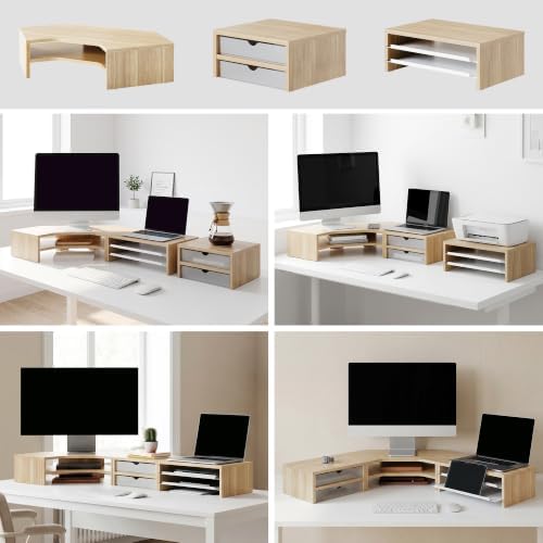 Fenge Dual Monitor Stand, Corner Desk Shelf with Drawer & Slide-Out Tray - Image 4